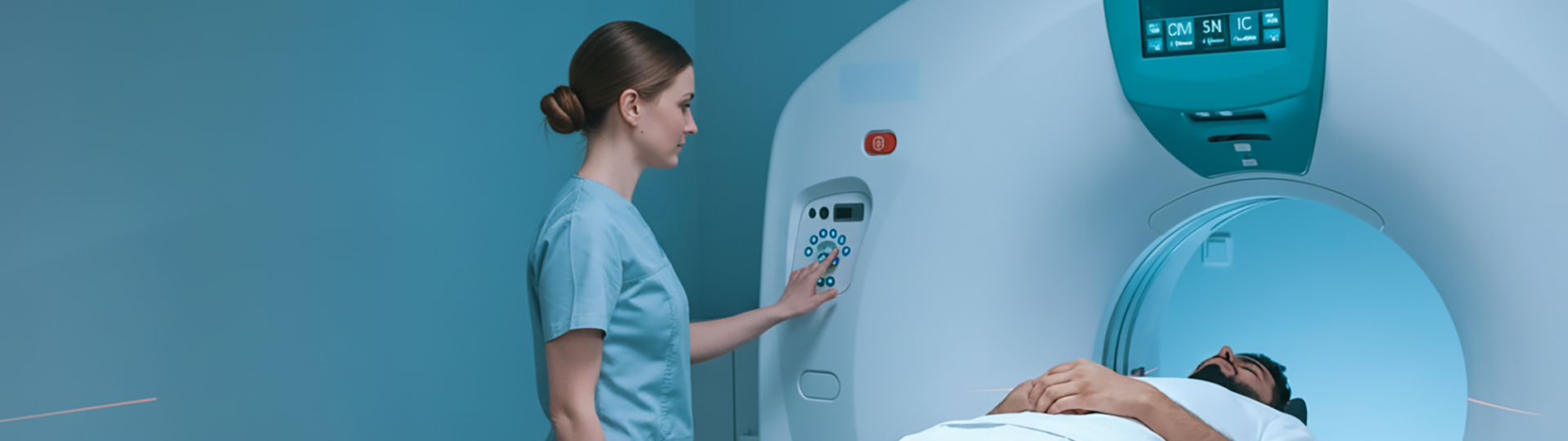Profesional sanitario operando un equipo de resonancia magnética mientras un paciente es preparado para una prueba médica.