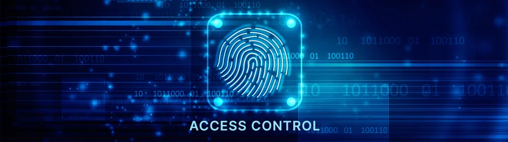 Huella digital con texto “Access Control” que representa sistemas de control de acceso y autenticación biométrica.