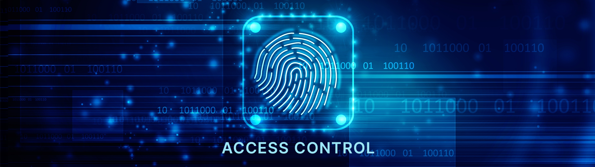 Huella digital con texto “Access Control” que representa sistemas de control de acceso y autenticación biométrica.