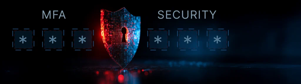 Escudo digital con textos “MFA” y “Security” junto a campos de contraseña que representa la autenticación multifactor y la seguridad de acceso.