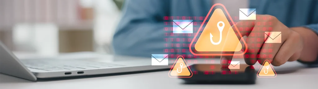 Alerta de phishing con iconos de correos electrónicos y símbolo de anzuelo que representa un intento de fraude digital.