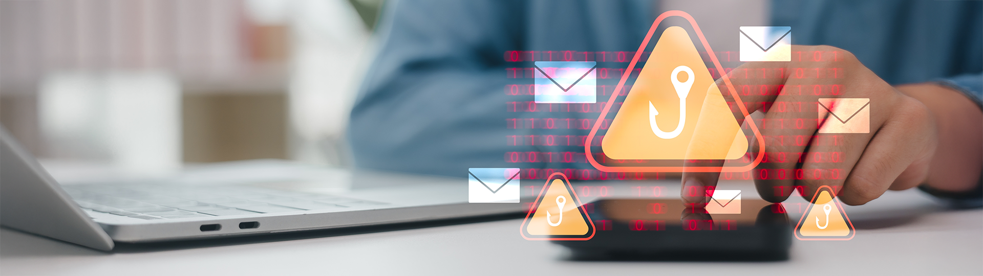 Alerta de phishing con iconos de correos electrónicos y símbolo de anzuelo que representa un intento de fraude digital.